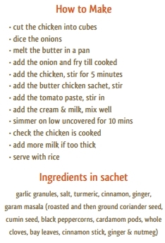 Butter Chicken Recipe Card with instructions